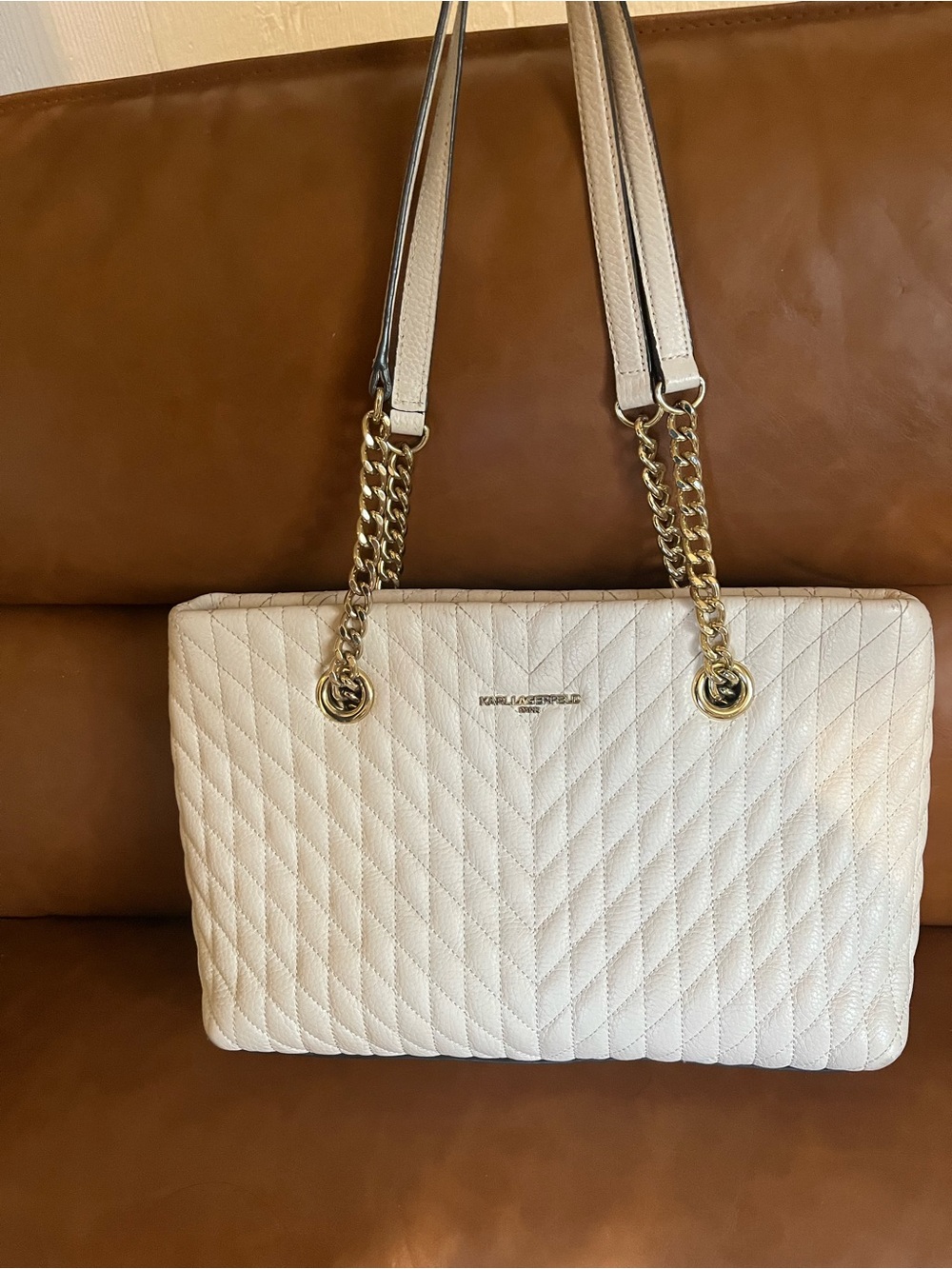 Karl Lagerfeld Ivory Quilted Shoulder Tote with Gold Chain Straps